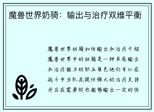 魔兽世界奶骑：输出与治疗双维平衡